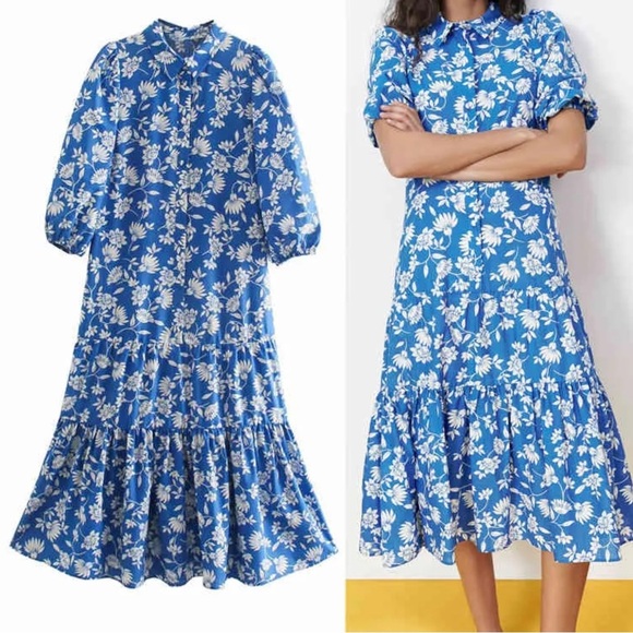 Zara Dress S Blogger Favorite Blue Floral Drop Waist Midi Button U Buff Sleeve - Picture 1 of 5